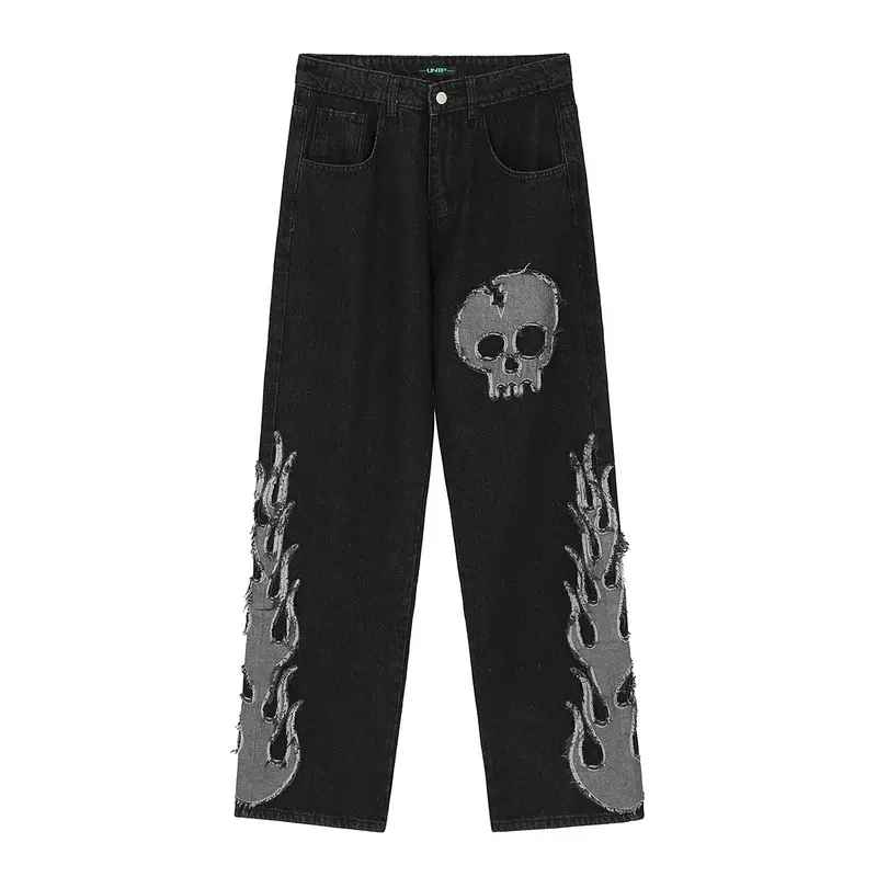China fashion trousers skull embroidered LOGO straight loose hip hop plus size denim men's jeans supplier
